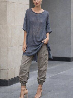 Meo Meli Italy Blue Gauze Cotton Oversized Tunic Top One Size Boho Relaxed